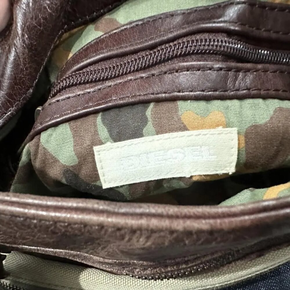Y2K Diesel Cyber Techwear Leather&Canvas Bag Khaki Multipocket Utility Cargo Bag - Picture 5 of 5